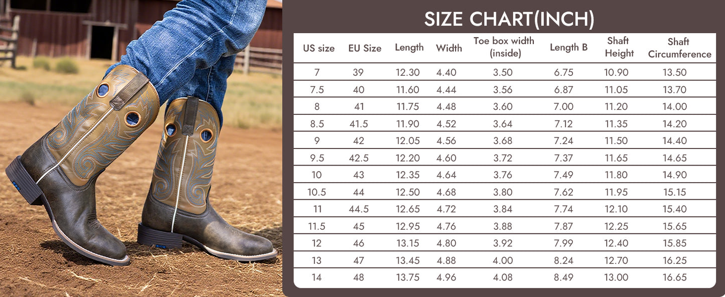 Palitutu Men's Brown Square Toe Mid Calf Western Cowboy Boots - PLT603604